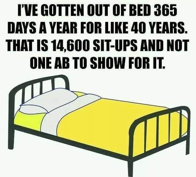 IVE GOTTEN OUT OF BED 365 DAYS A YERAR FOR LIKE 40 YEARS THAT IS 14600 SIT UPS AND NOT ONE AB TO SHOW FOR IT