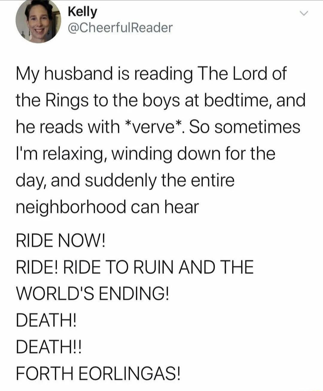 Kelly CheerfulReader My husband is reading The Lord of the Rings to the boys at bedtime and he reads with verve So sometimes Im relaxing winding down for the day and suddenly the entire neighborhood can hear RIDE NOW RIDE RIDE TO RUIN AND THE WORLDS ENDING DEATH DEATH FORTH EORLINGAS