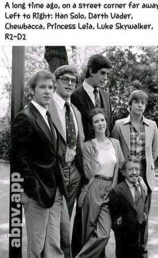 A long time ago, on a Street corner far away Left to Right: Han Solo, Darth Vader, Chewbacca, Princess Leia, Luke Skywalker, R2-D2