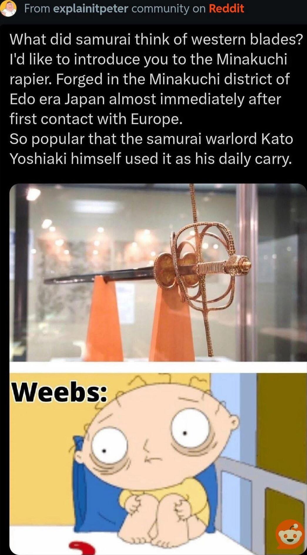 What did samurai think of western blades? I'd like to introduce you to the Minakuchi rapier. Forged in the Minakuchi district of Edo era Japan almost immediately after first contact with Europe.
So popular that the samurai warlord Kato Yoshiaki himself used it as his daily carry.