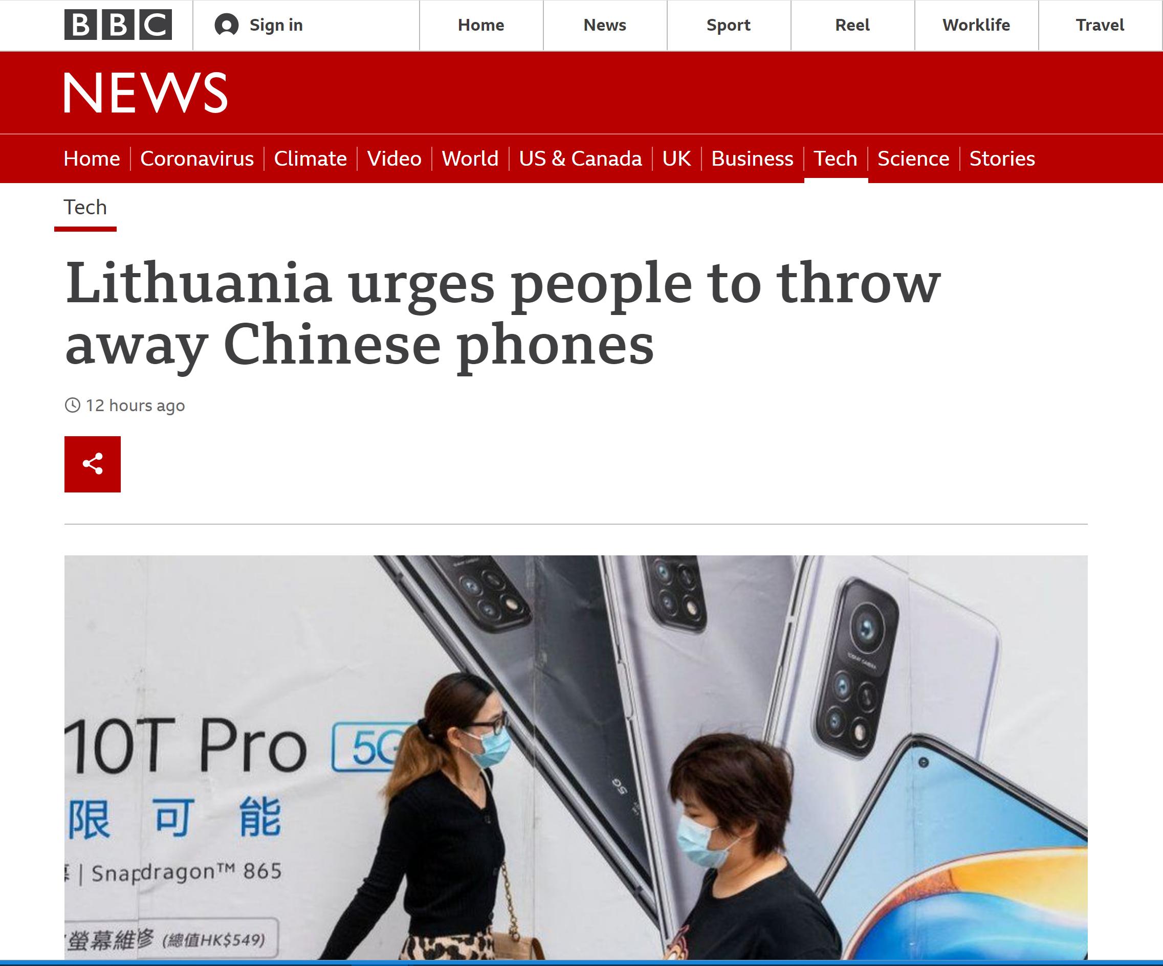 B E o Signin Home News Sport Reel Worklife Travel Tech Lithuania urges people to throw away Chinese phones 12 hours ago e i Snapdragon 865 B EE WEHKS549 A a Pl