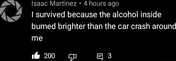 4 4 Isaac Martinez 4 hours ago I survived because the alcohol inside burned brighter than the car crash around me e 200 cp g 3