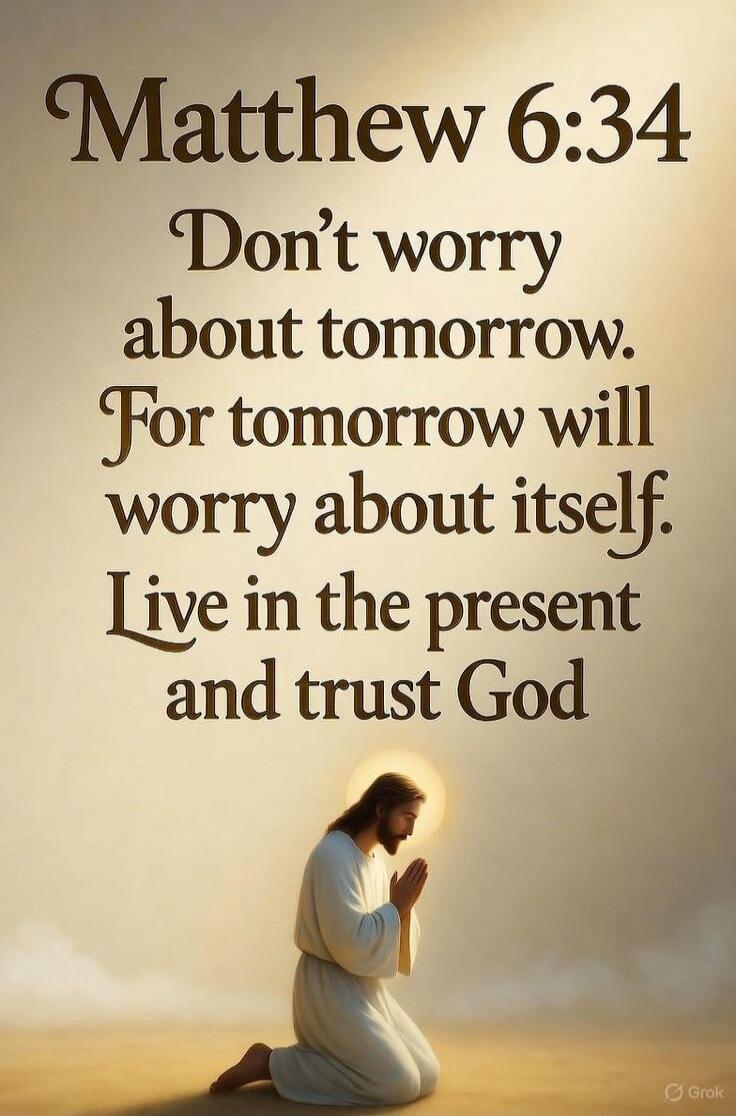 Matthew 6:34 Don't worry about tomorrow. For tomorrow will worry about itself. Live in the present and trust God