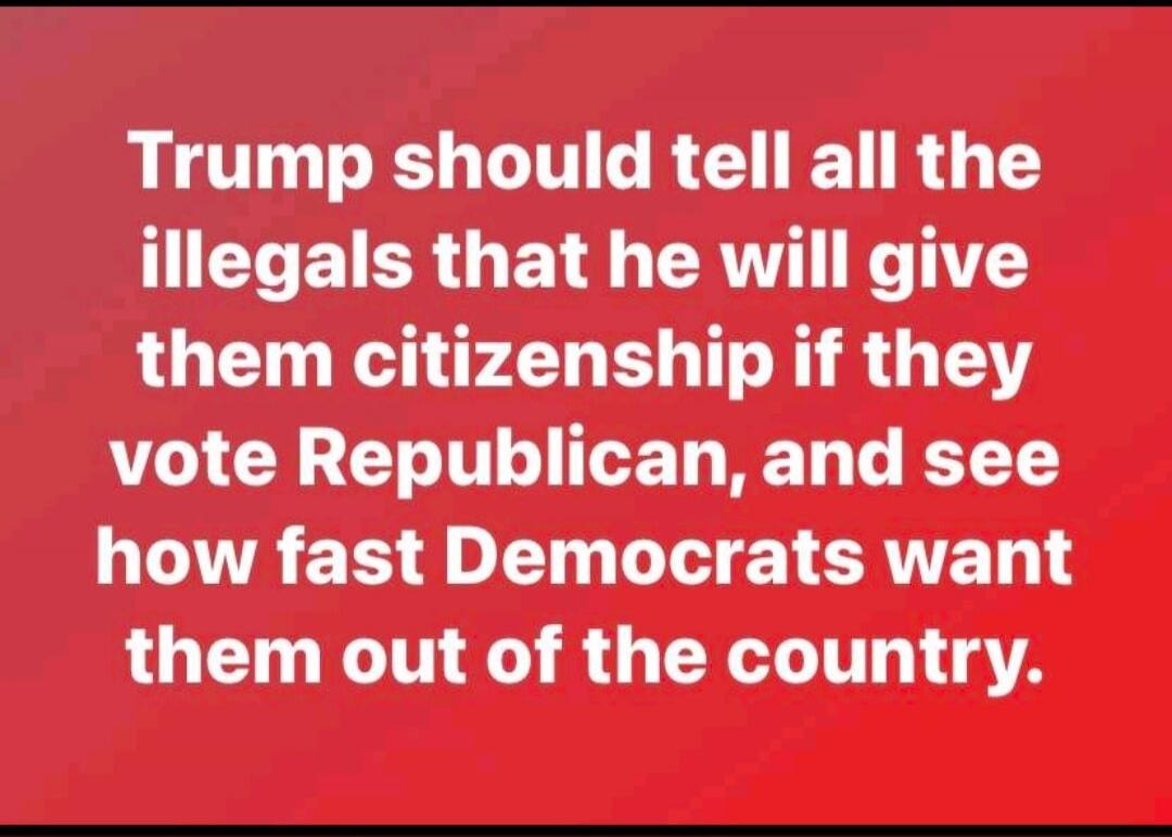 Trump should tell all the illegals that he will give them citizenship if they vote Republican, and see how fast Democrats want them out of the country.