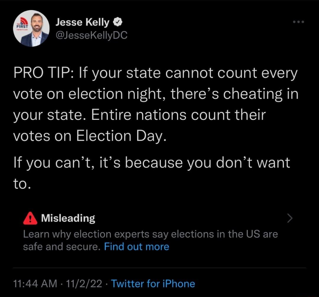 Jesse Kelly JesseKellyDC PRO TIP If your state cannot count every vote on election night theres cheating in your state Entire nations count their votes on Election Day If you cant its because you dont want to A Misleading Learn why election experts say elections in the US are safe and secure Find out more 1144 AM 11222 Twitter for iPhone