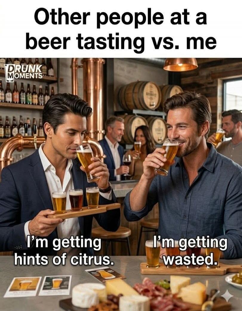 Other people at a beer tasting vs. me. DRUNK MOMENTS. I'm getting hints of citrus. I'm getting wasted.