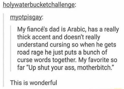 holywaterbucketchallenge myotpisgay My fiancs dad is Arabic has a really thick accent and doesnt really understand cursing so when he gets road rage he just puts a bunch of curse words together My favorite so far Up shut your ass motherbitch This is wonderful