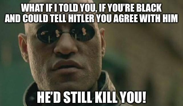 WHAT IF1 TOLD YOU IF YOURE BLACK AND COULD TELL HITLER YOU AGREE WITH HIM X A HED STILL KILLYOU