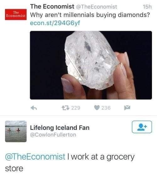 The Economist Why arent millennials buying diamonds econst294G6yf Lifelong Iceland Fan TheEconomist work at a grocery store