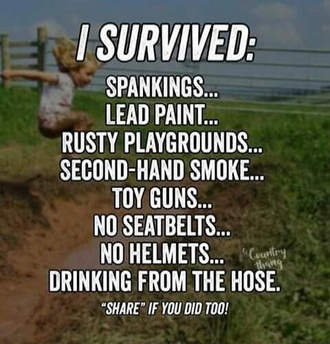 I SURVIVED: SPANKINGS... LEAD PAINT... RUSTY PLAYGROUNDS... SECOND-HAND SMOKE... TOY GUNS... NO SEATBELTS... NO HELMETS... DRINKING FROM THE HOSE. 