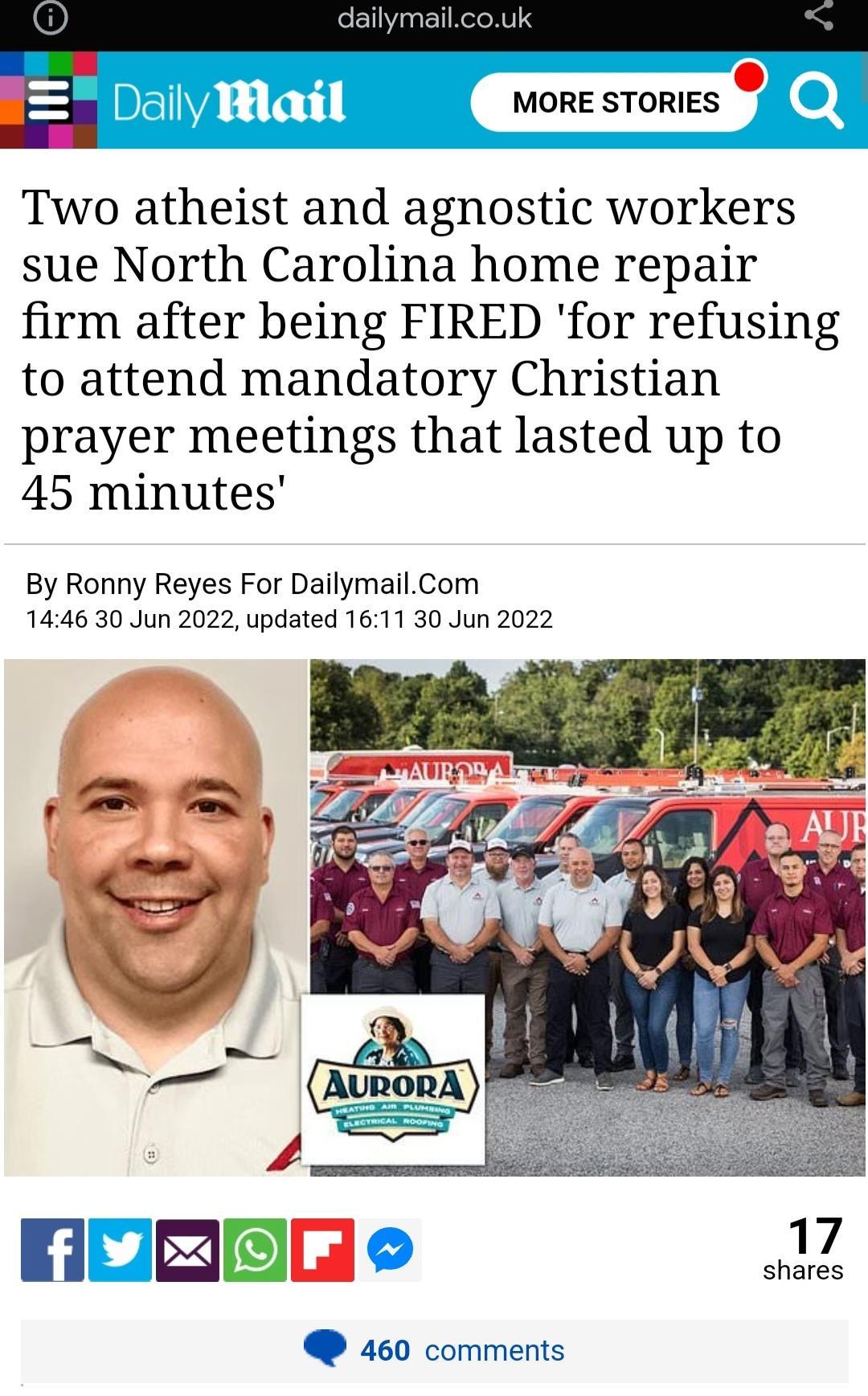 dailymailcouk Dl Mail Q Two atheist and agnostic workers sue North Carolina home repair firm after being FIRED for refusing to attend mandatory Christian prayer meetings that lasted up to 45 minutes By Ronny Reyes For DailymailCom 1446 30 Jun 2022 updated 1611 30 Jun 2022 460 comments