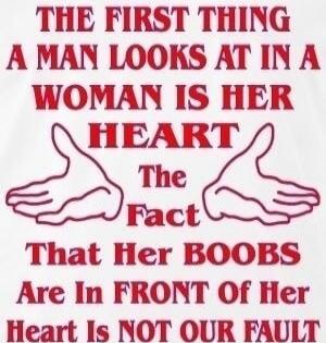 THE FIRST THING A MAN LOOKS AT IN A WOMAN IS HER HEART The Fact That Her BOOBS Are In FRONT Of Her Heart Is NOT OUR FAULT