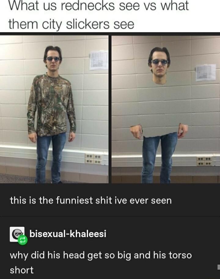VWhat us reanecks see vs what them city slickers see this is the funniest shit ive ever seen IEDUEIRGEIEEE why did his head get so big and his torso Blelad
