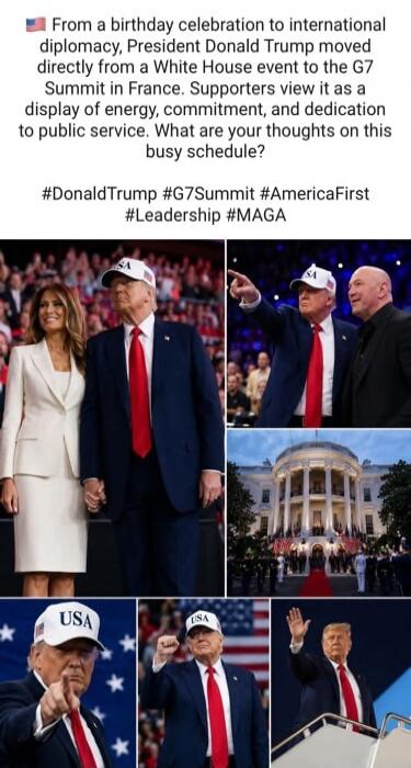 From a birthday celebration to international diplomacy, President Donald Trump moved directly from a White House event to the G7 Summit in France. Supporters view it as a display of energy, commitment, and dedication to public service. What are your thoughts on this busy schedule? #DonaldTrump #G7Summit #AmericaFirst #Leadership #MAGA