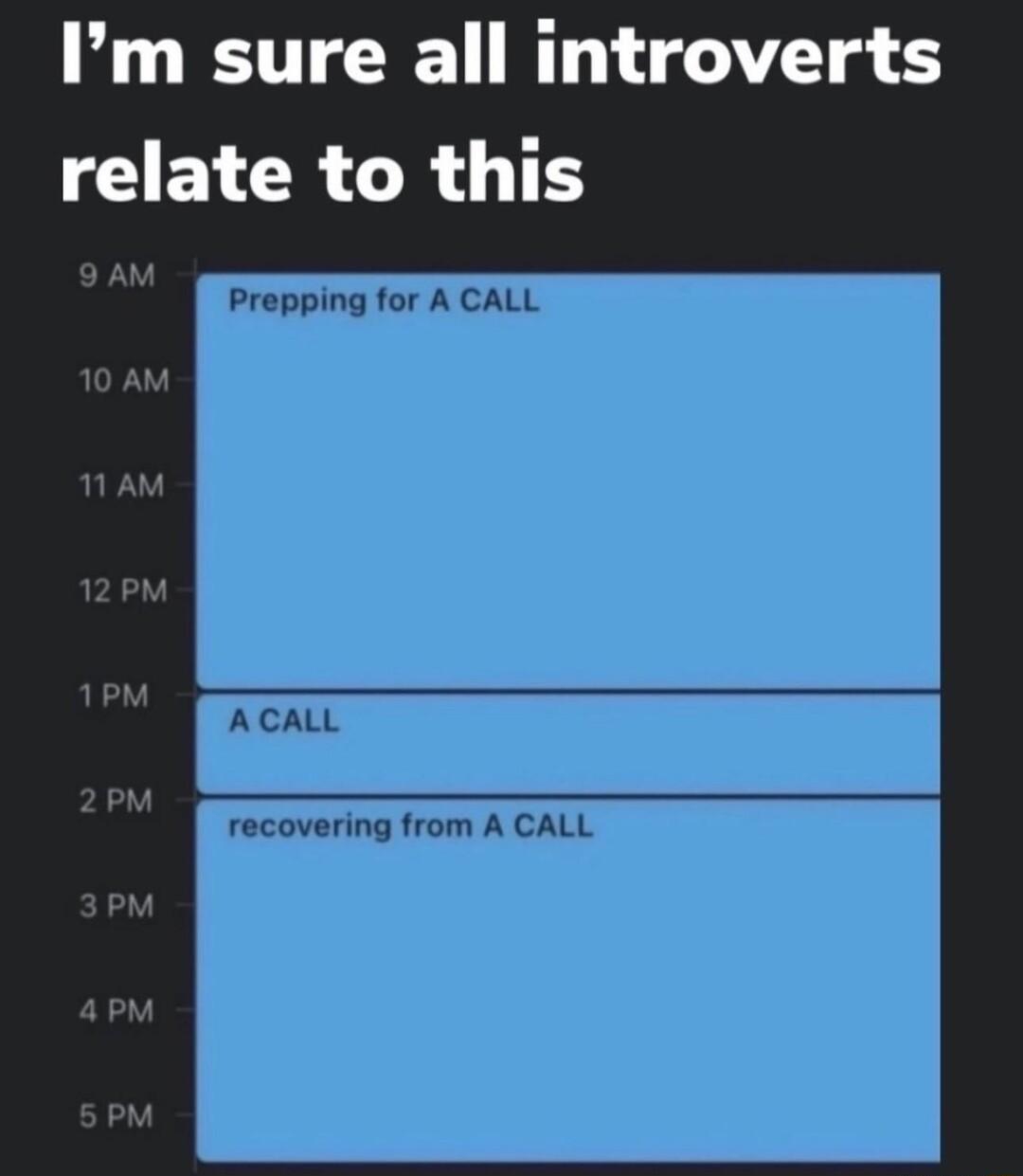 m sure all introverts GEVCR TR 9AM Prepping for A CALL 10AM NAM 12PM 1PM ACALL 2PM recovering from A CALL ELY apm 5PM