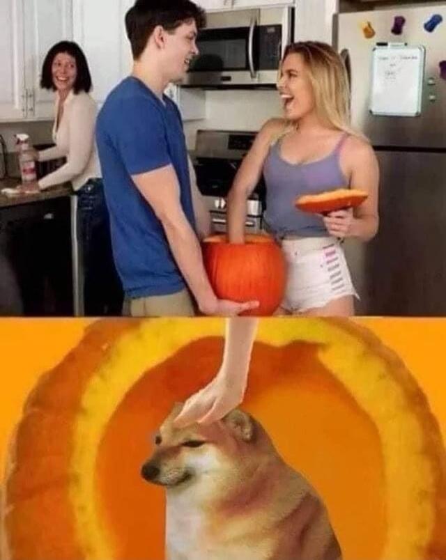 A man and a woman are carving a pumpkin in a kitchen, with another woman smiling in the background. The bottom panel shows a Cheems dog being petted.