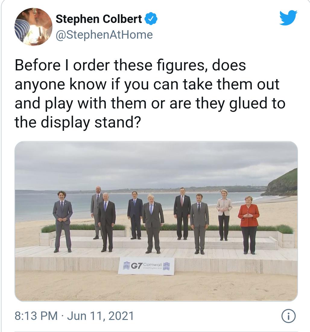 Stephen Colbert L 4 StephenAtHome Before order these figures does anyone know if you can take them out and play with them or are they glued to the display stand 813 PM Jun 11 2021
