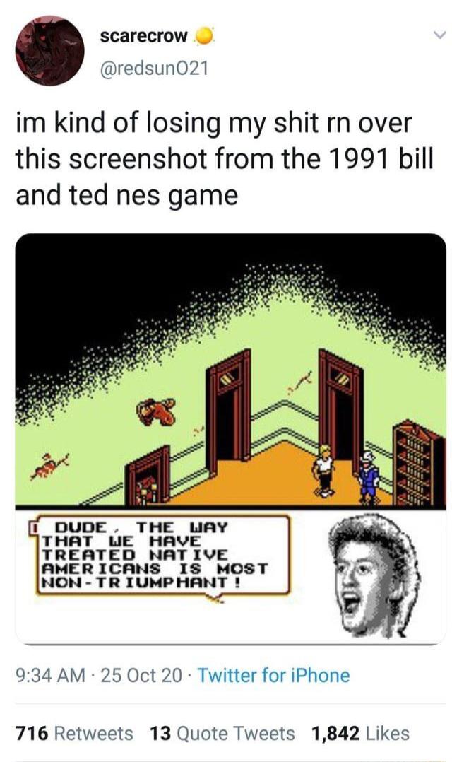 scarecrow redsun021 im kind of losing my shit rn over this screenshot from the 1991 bill and ted nes game i _DUDE THE LAY THAT LE HAVE TREATED NAT IVE AMER ICANS IS MOST NON TR TUMPHANT 934 AM 25 Oct 20 tter for iPhc 716 Retweets 13 Quote Tweets 1842 Likes