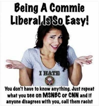 Being A Commie Liberal Is So Easy! I HATE You don't have to know anything. Just repeat what you see on MSNBC or CNN and if anyone disagrees with you, call them racist