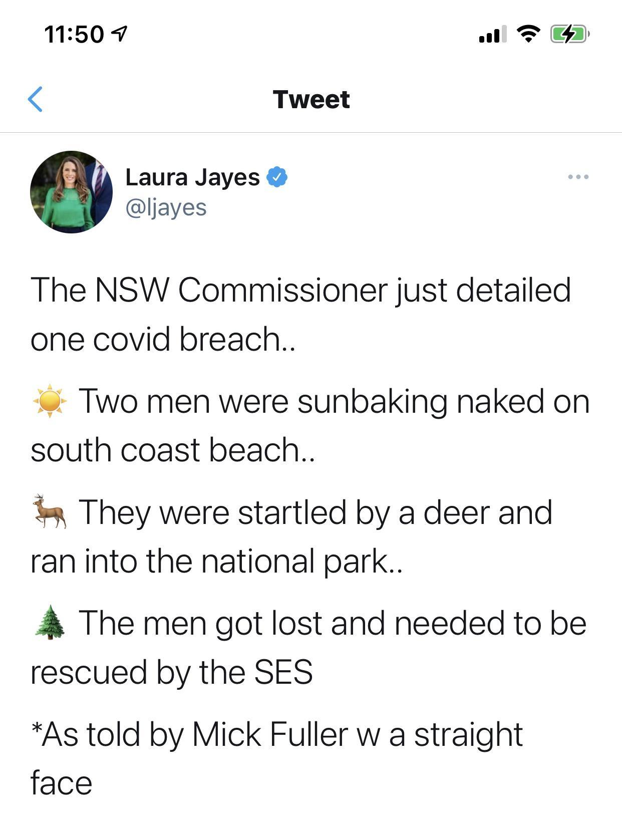 1150 ul T Tweet Laura Jayes ljayes The NSW Commissioner just detailed one covid breach o Two men were sunbaking naked on south coast beach s They were startled by a deer and ran into the national park 4 The men got lost and needed to be rescued by the SES As told by Mick Fuller w a straight face