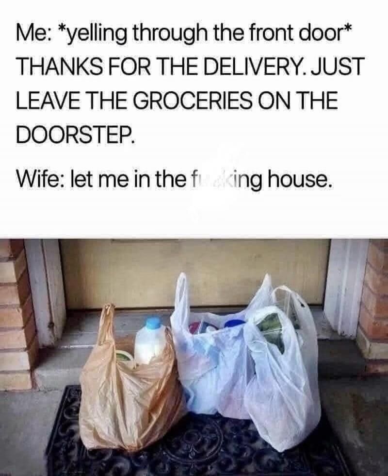 Me: *yelling through the front door* THANKS FOR THE DELIVERY. JUST LEAVE THE GROCERIES ON THE DOORSTEP. Wife: let me in the f***ing house.