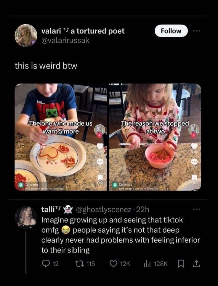 valari TS a tortured poet @valarirussak this is weird btw The one who made us want 5 more The reason we stopped at two talli TS @ghostlyscenez Imagine growing up and seeing that tiktok omfg people saying it's not that deep clearly never had problems with feeling inferior to their sibling