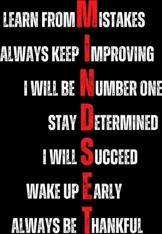 Learn from mistakes
Always keep improving
I will be number one
Stay determined
I will succeed
Wake up early
Always be thankful