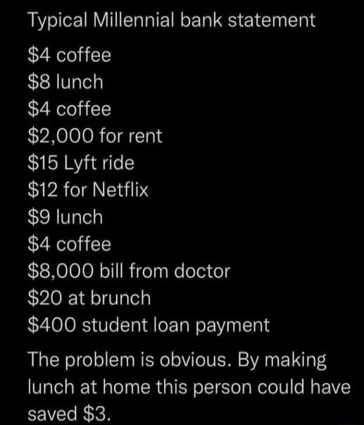 Typical Millennial bank statement 4 coffee 8 lunch 4 coffee 2000 for rent 15 Lyft ride 12 for Netflix 9 lunch 4 coffee 8000 bill from doctor 20 at brunch 400 student loan payment The problem is obvious By making lunch at home this person could have saved 3