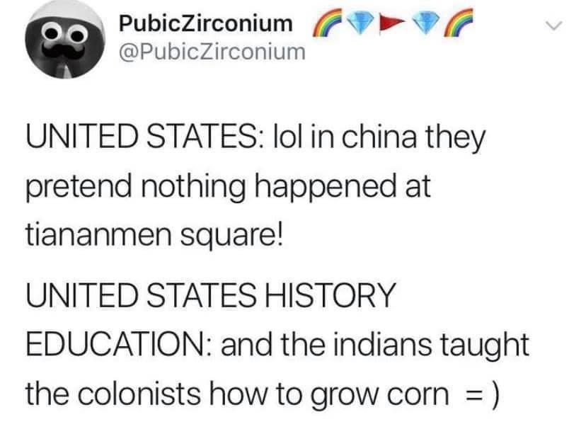 PubicZirconium 5907 PubicZirconium UNITED STATES lol in china they pretend nothing happened at tiananmen square UNITED STATES HISTORY EDUCATION and the indians taught the colonists how to grow corn