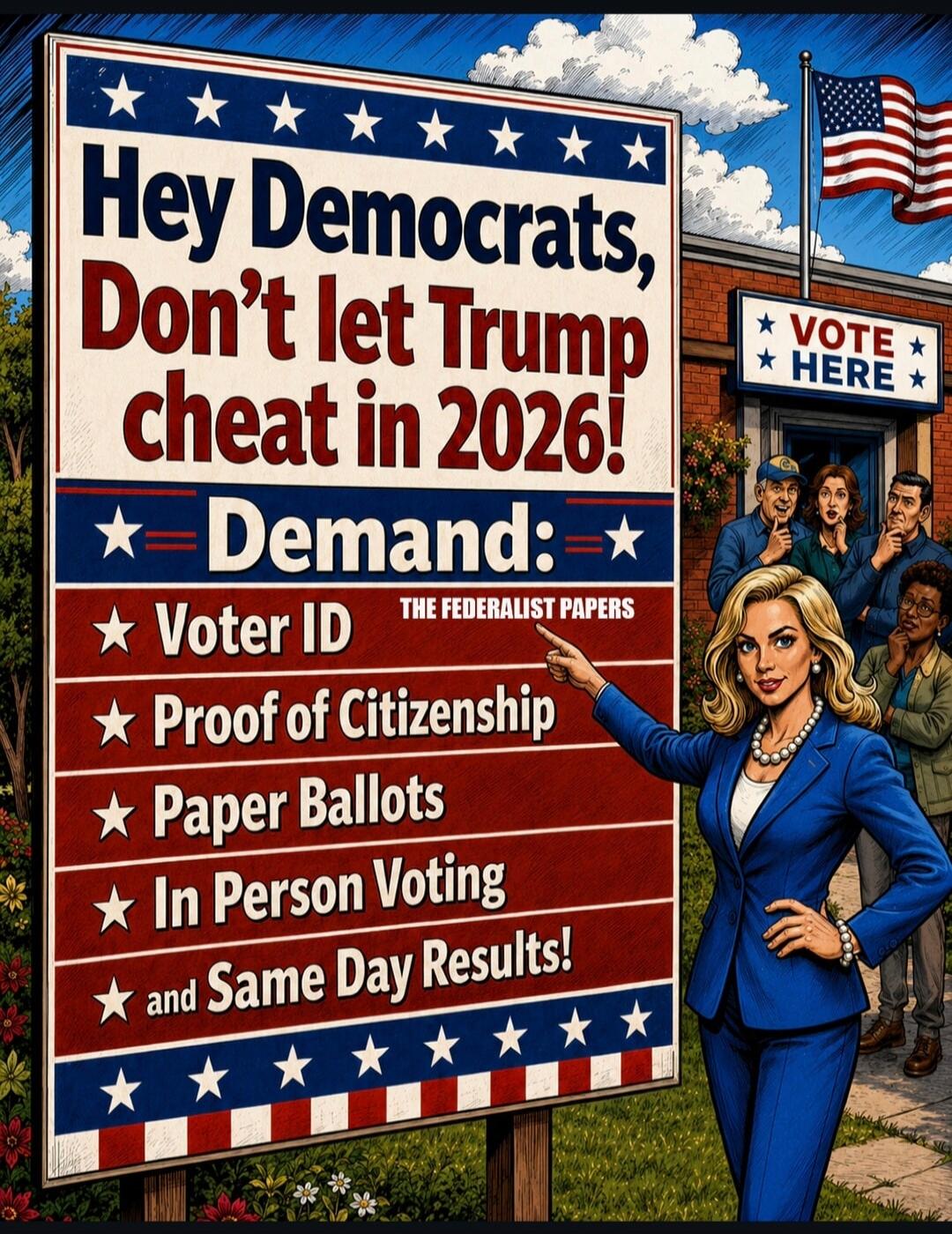 Hey Democrats, Don't let Trump cheat in 2026! Demand: Voter ID, Proof of Citizenship, Paper Ballots, In Person Voting, and Same Day Results! THE FEDERALIST PAPERS. VOTE HERE.