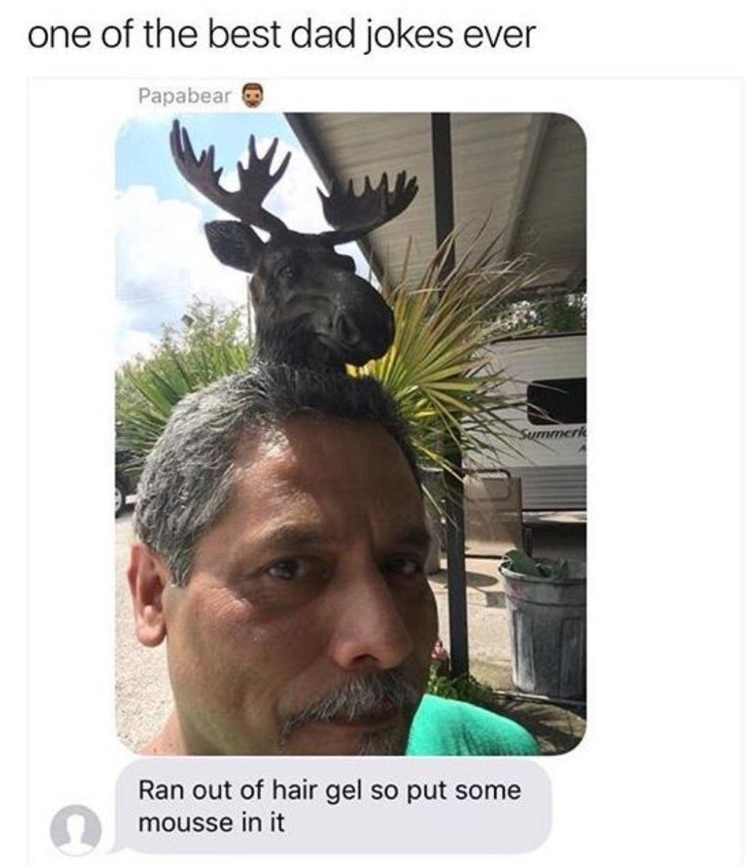 one of the best dad jokes ever Ran out of hair gel so put some mousse in it