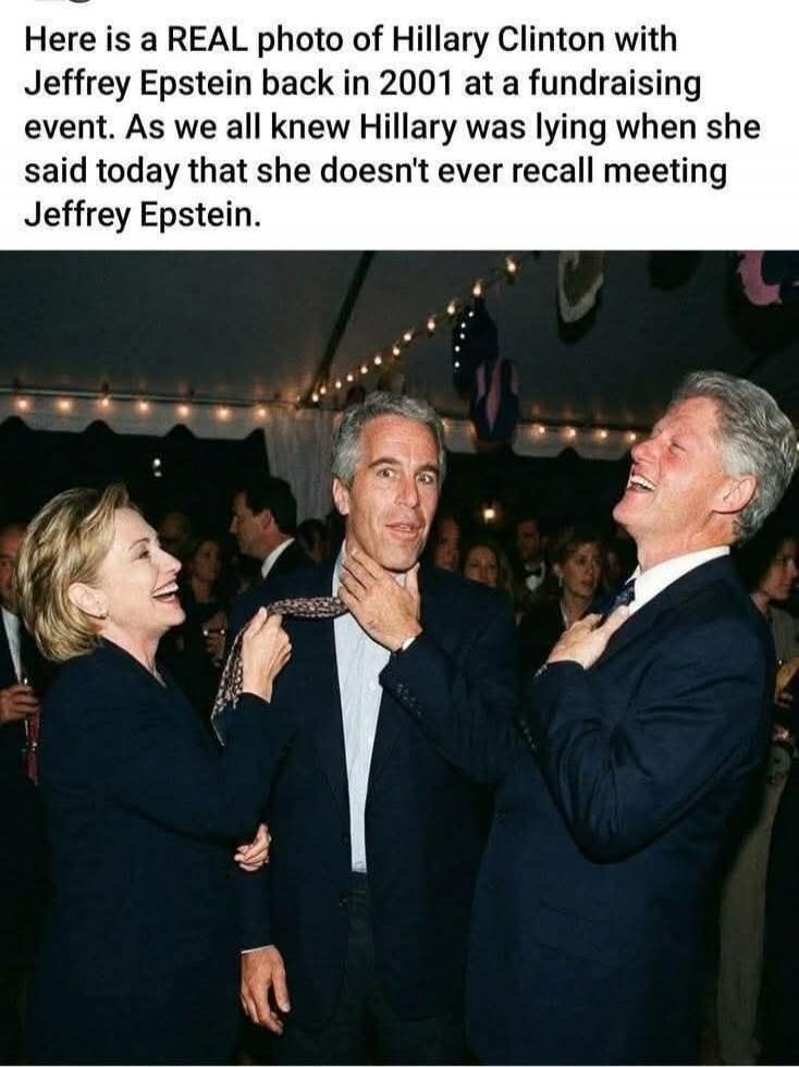 Here is a REAL photo of Hillary Clinton with Jeffrey Epstein back in 2001 at a fundraising event. As we all knew Hillary was lying when she said today that she doesn't ever recall meeting Jeffrey Epstein.