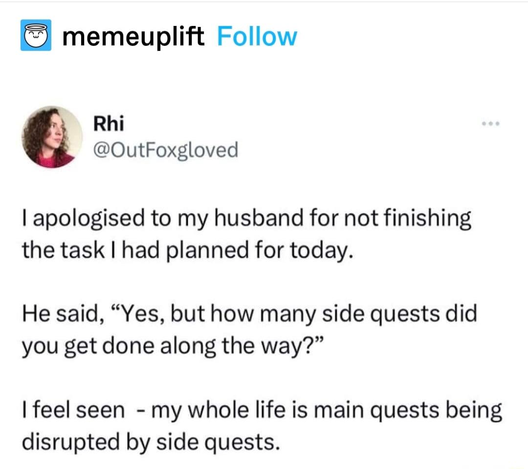 memeuplift Follow Rhi OutFoxgloved apologised to my husband for not finishing the task had planned for today He said Yes but how many side quests did you get done along the way feel seen my whole life is main quests being disrupted by side quests
