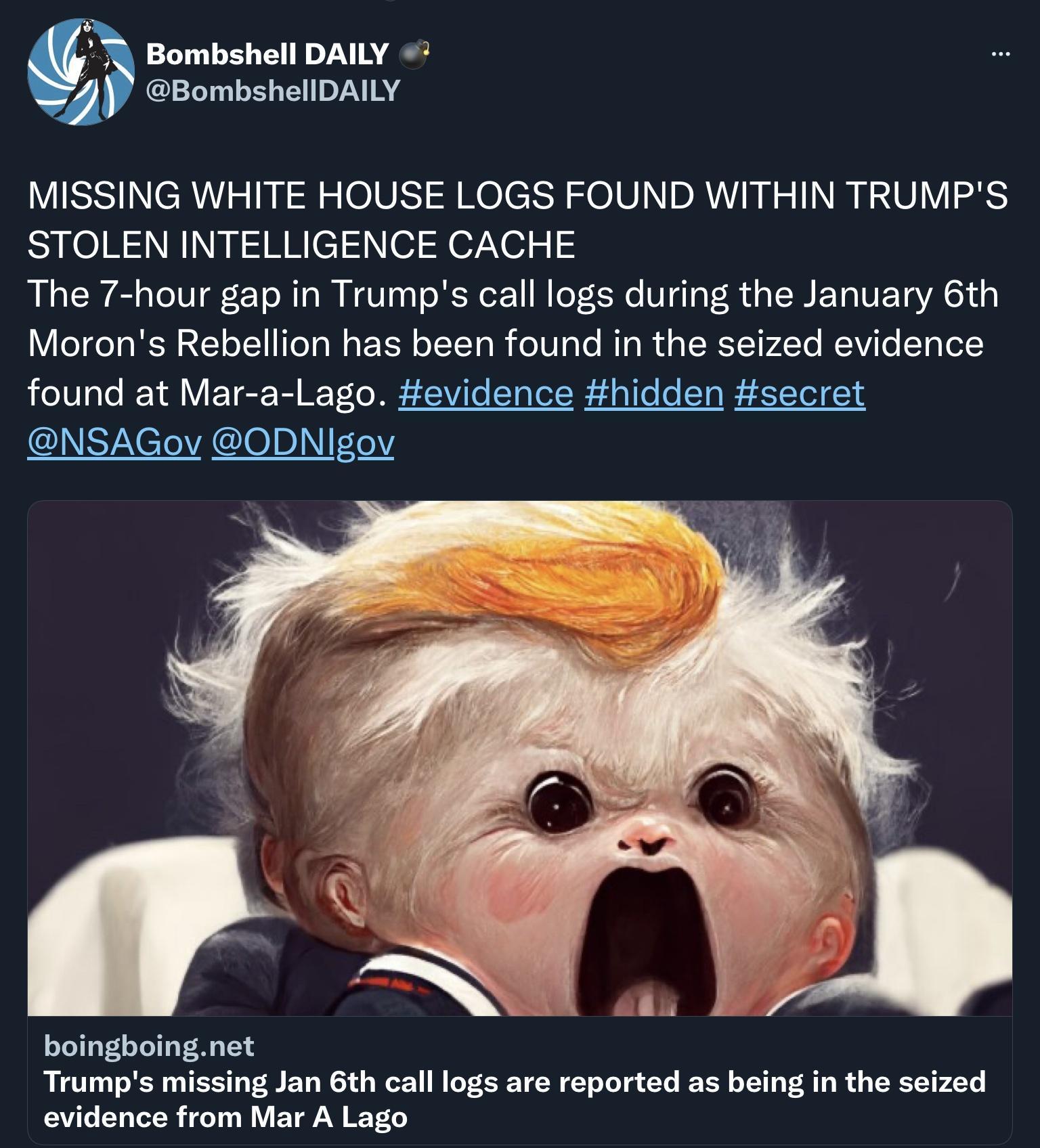Bombshell DAILY BombshellDAILY MISSING WHITE HOUSE LOGS FOUND WITHIN TRUMPS STOLEN INTELLIGENCE CACHE The 7 hour gap in Trumps call logs during the January 6th Morons Rebellion has been found in the seized evidence found at Mar a Lago evidence hidden secret NSAGov ODNIgov boingboin Trumps missing Jan 6th call logs are reported as being in the seized evidence from Mar A Lago