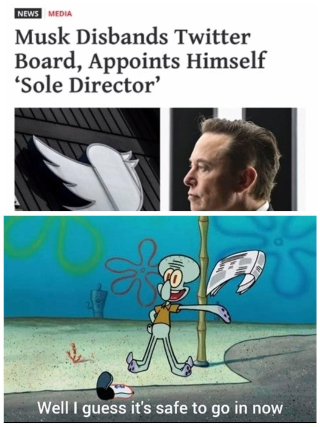 A weon Musk Disbands Twitter Board Appoints Himself Sole Director Ay Well I guess its safe to go in now