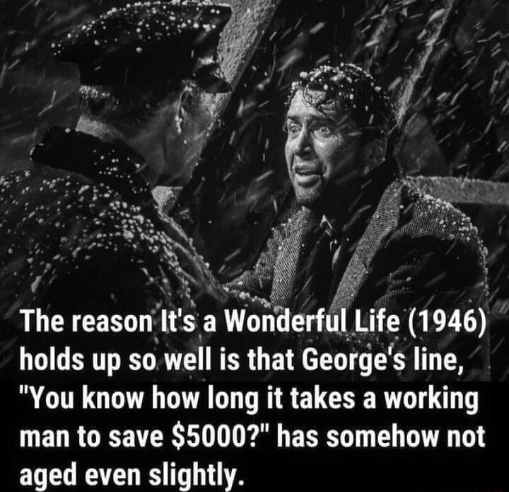 The reasonlts a Wonderful Llfe 1 946 holds up so well is that George s line You know how long it takes a working man to save 5000 has somehow not aged even slightly