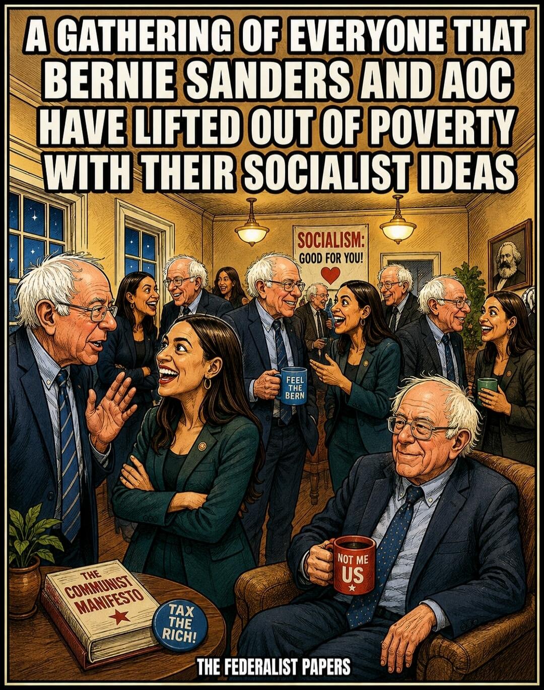 A GATHERING OF EVERYONE THAT BERNIE SANDERS AND AOC HAVE LIFTED OUT OF POVERTY WITH THEIR SOCIALIST IDEAS SOCIALISM: GOOD FOR YOU! FEEL THE BERN THE COMMUNIST MANIFESTO TAX THE RICH! NOT ME US THE FEDERALIST PAPERS
