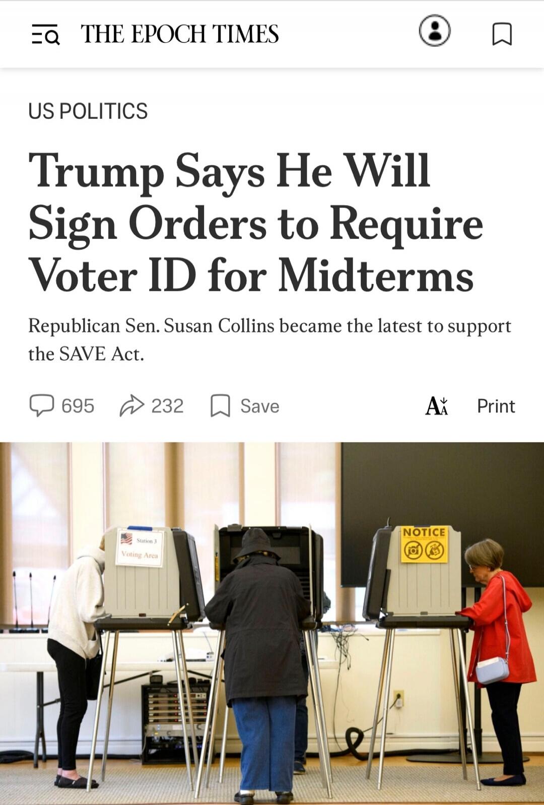 Trump Says He Will Sign Orders to Require Voter ID for Midterms
Republican Sen. Susan Collins became the latest to support the SAVE Act.