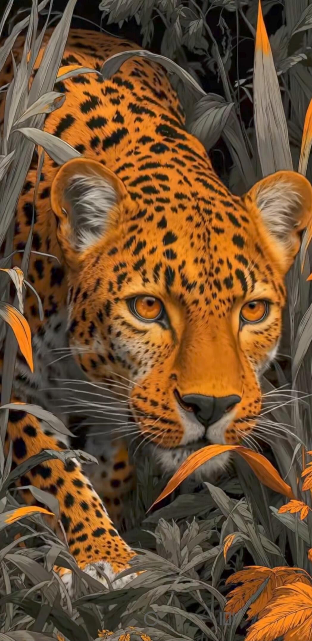 A leopard prowling through foliage with an intense, forward-facing gaze. Close-up of the leopard's amber eyes and orange fur with black rosettes, surrounded by orange-tinted leaves.
