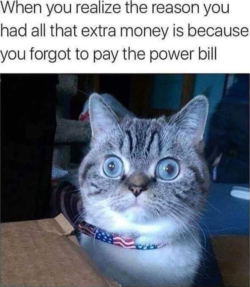 When you realize the reason you had all that extra money is because you forgot to pay the power bill