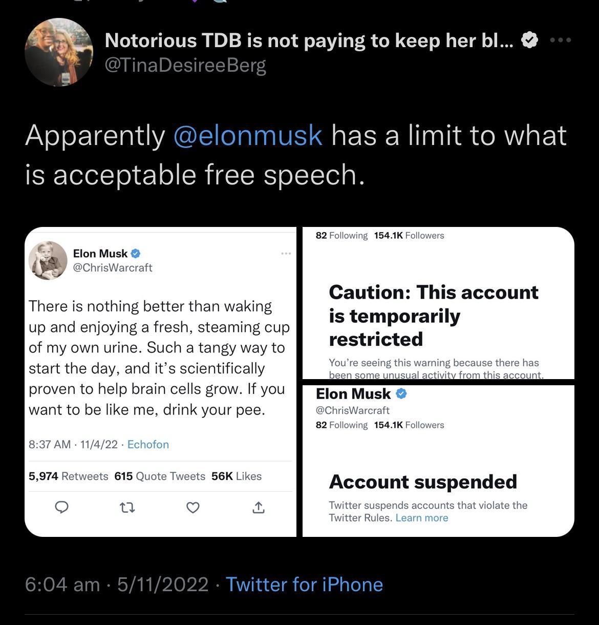 Notorious TDB is not paying to keep her bl Apparently elonmusk has a limit to what is acceptable free speech Cautios is temporarily restricted