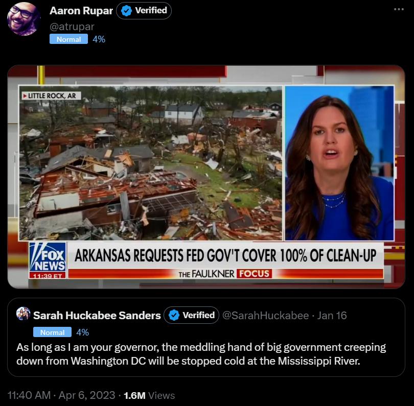 Aaron Rupar Verified 7 Sarah Huckabee Sanders verfied shiH s long as amyour goveror the meddiing hand of big government creeping down from Washington DC willbe stoppe coldat the Mississipp Rivr 1om