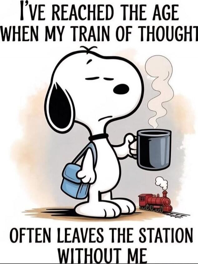 I'VE REACHED THE AGE WHEN MY TRAIN OF THOUGHT OFTEN LEAVES THE STATION WITHOUT ME