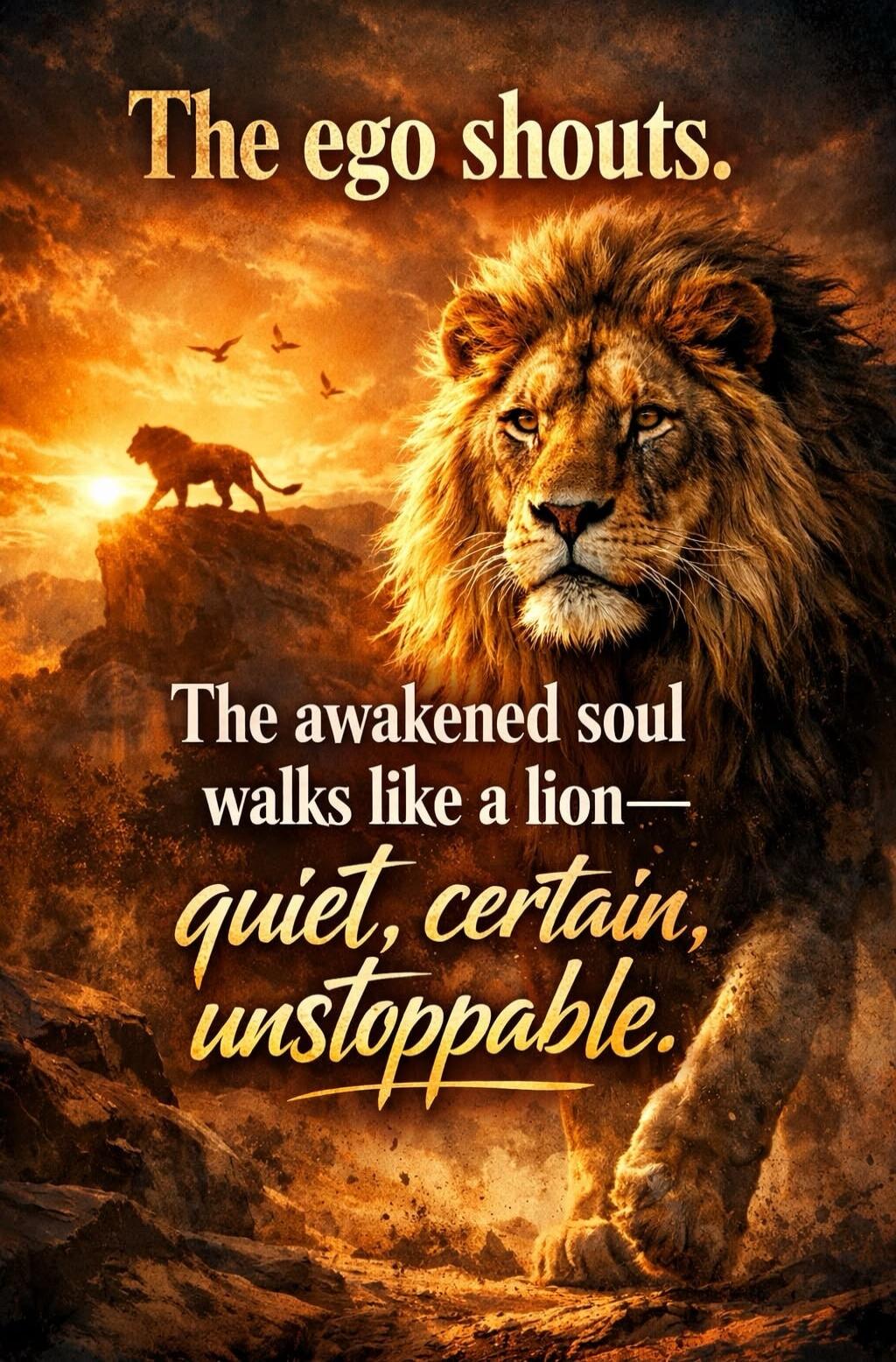 The ego shouts. The awakened soul walks like a lion— quiet, certain, unstoppable.