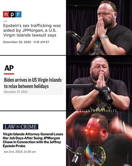 0P Epsteins sex trafficking was aided by JPMorgan a US Virgin Islands lawsuit says Oecember 502022 1119 AMET AP Biden arrives in US Virgin Islands torelax between holidays Virginlstands Attorney General Loses Her Job Days After Suing JPMorgan Chasein Connection with the Jefirey Epstein Probe 2042023130