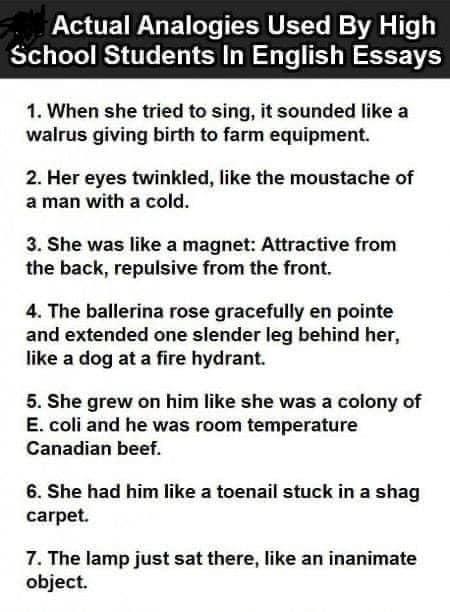 Actual Analogies Used By High School Students In English Essays 1 When she tried to sing it sounded like a walrus giving birth to farm equipment 2 Her eyes twinkled like the moustache of aman with a cold 3 She was like a magnet Attractive from the back repulsive from the front 4 The ballerina rose gracefully en pointe and extended one slender leg behind her like a dog at a fire hydrant 5 She grew 