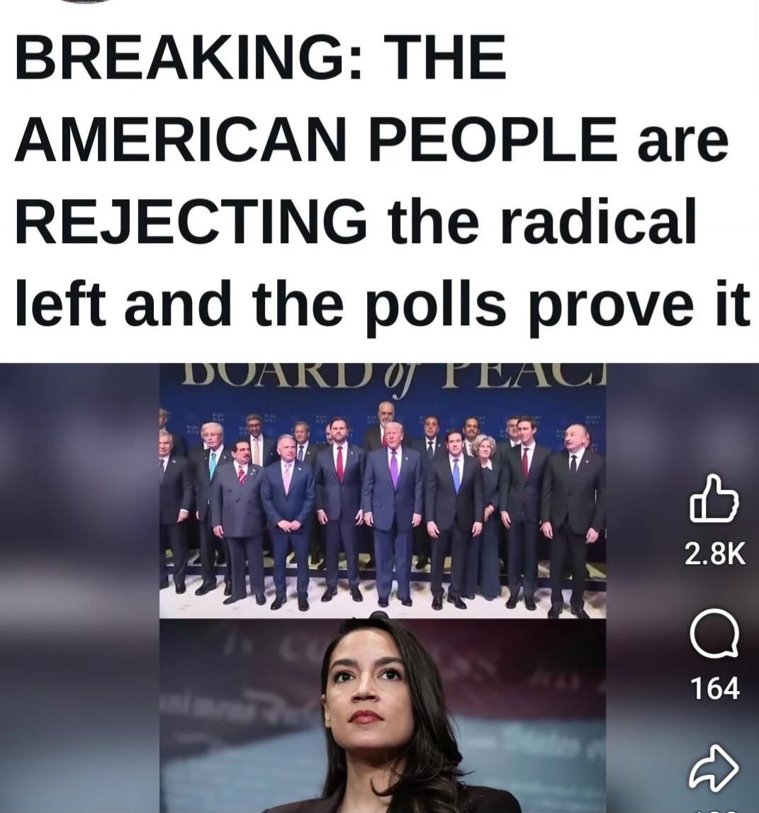 BREAKING: THE AMERICAN PEOPLE are REJECTING the radical left and the polls prove it. A group of world leaders, including Donald Trump, stand in front of a 'BOARD of PEACE' banner. Below, Alexandria Ocasio-Cortez is shown.