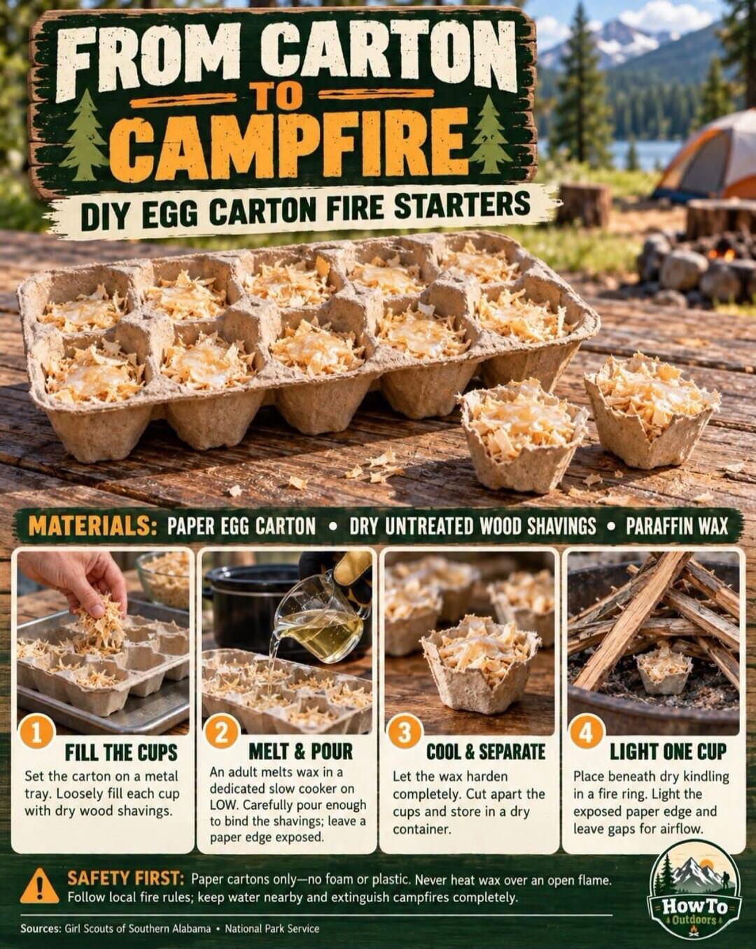 FROM CARTON TO CAMPFIRE DIY EGG CARTON FIRE STARTERS MATERIALS: PAPER EGG CARTON DRY UNTREATED WOOD SHAVINGS PARAFFIN WAX 1 FILL THE CUPS Set the carton on a metal tray. Loosely fill each cup with dry wood shavings. 2 MELT & POUR An adult melts wax in a dedicated slow cooker on LOW. Carefully pour enough to bind the shavings; leave a paper edge exp