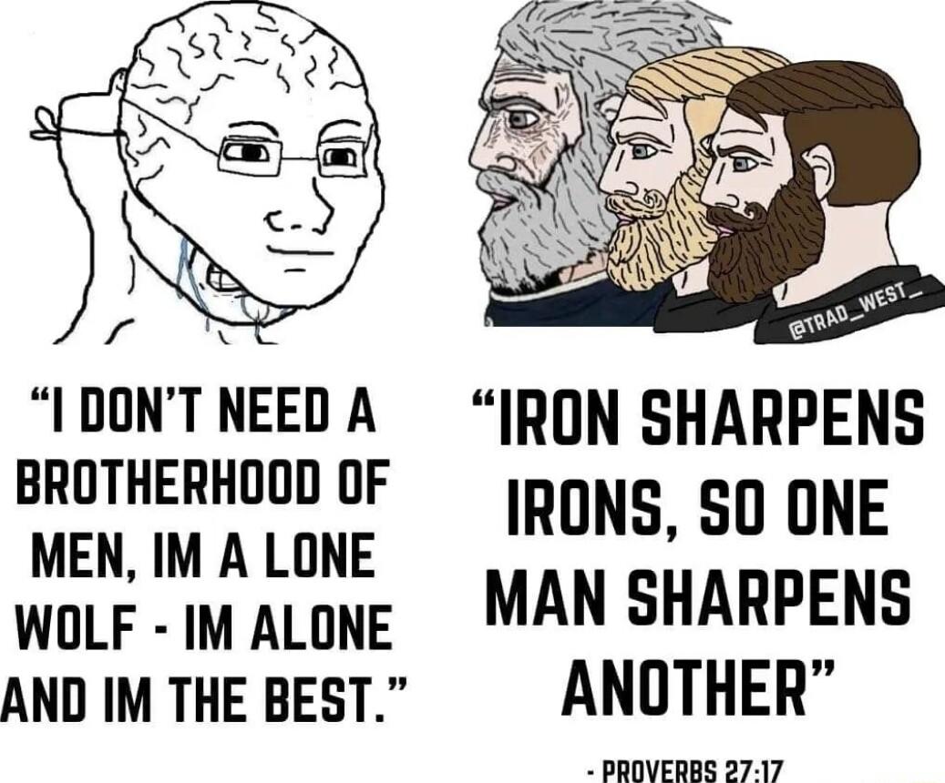 F IDONTNEED A IRON SHARPENS BROTHERHOOD OF aniNs 0 ONE MEN IM A LONE WoLF M ALoNe MAN SHARPENS AND IM THE BEST ANOTHER PROVERBS 27 17