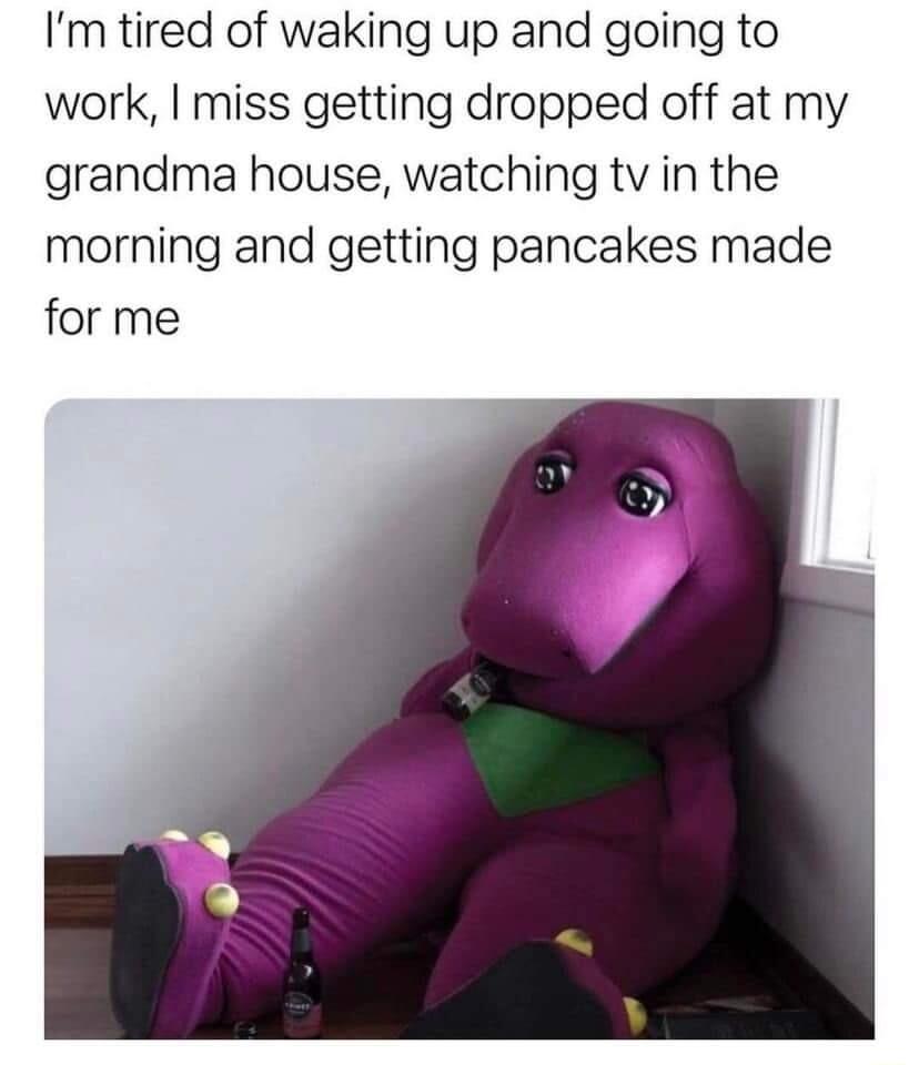 Im tired of waking up and going to work miss getting dropped off at my grandma house watching tv in the morning and getting pancakes made for me